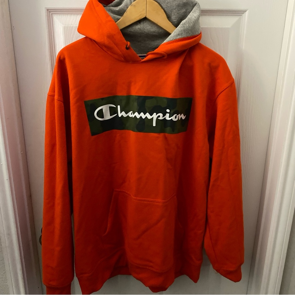 Champion Hoodie Adult XLarge Orange Spell Out Logo Sweatshirt Pullover 3014